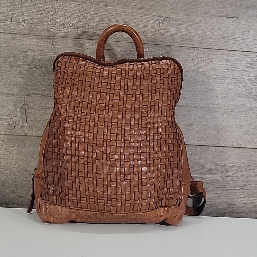 Vilenca Holland for Anthropologie Cognac Brown Woven Leather Backpack